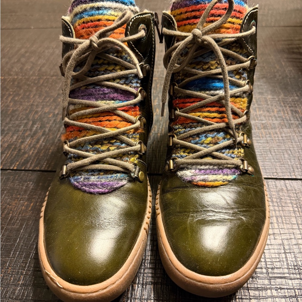 Josef Seibel Olive Lace Up Boots with Colorful Knit